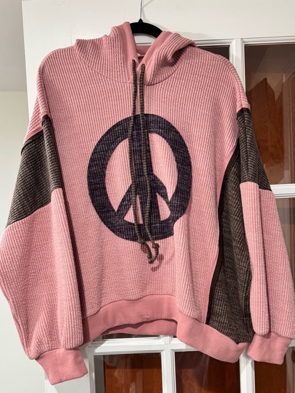 Women's Pink Peace Sign Hoodie Sweater (Small run in bottom band-see picture)